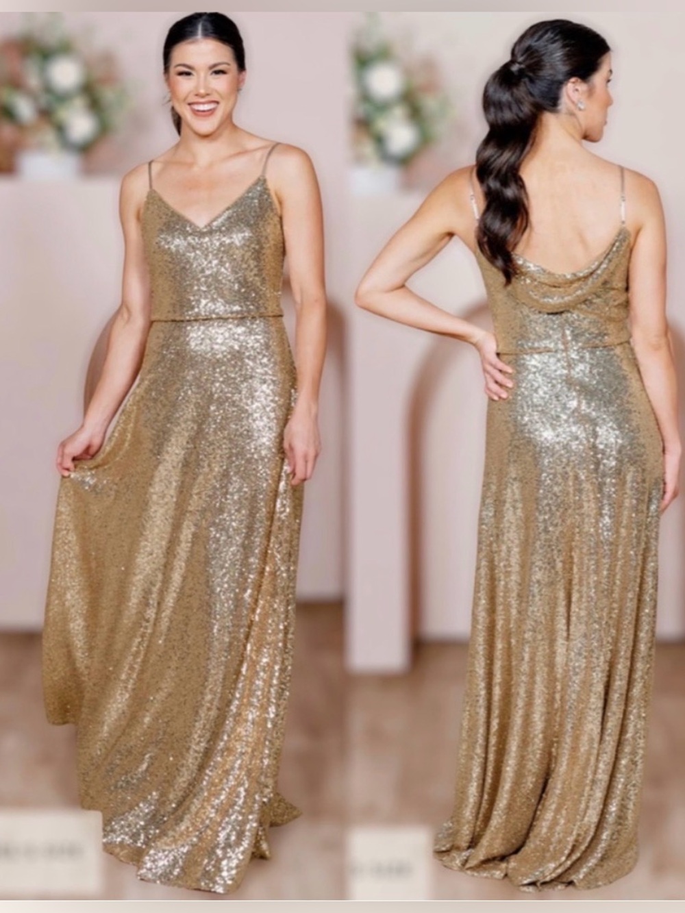 Revelry Hazel V Neck Back Drape Gown In Gold.